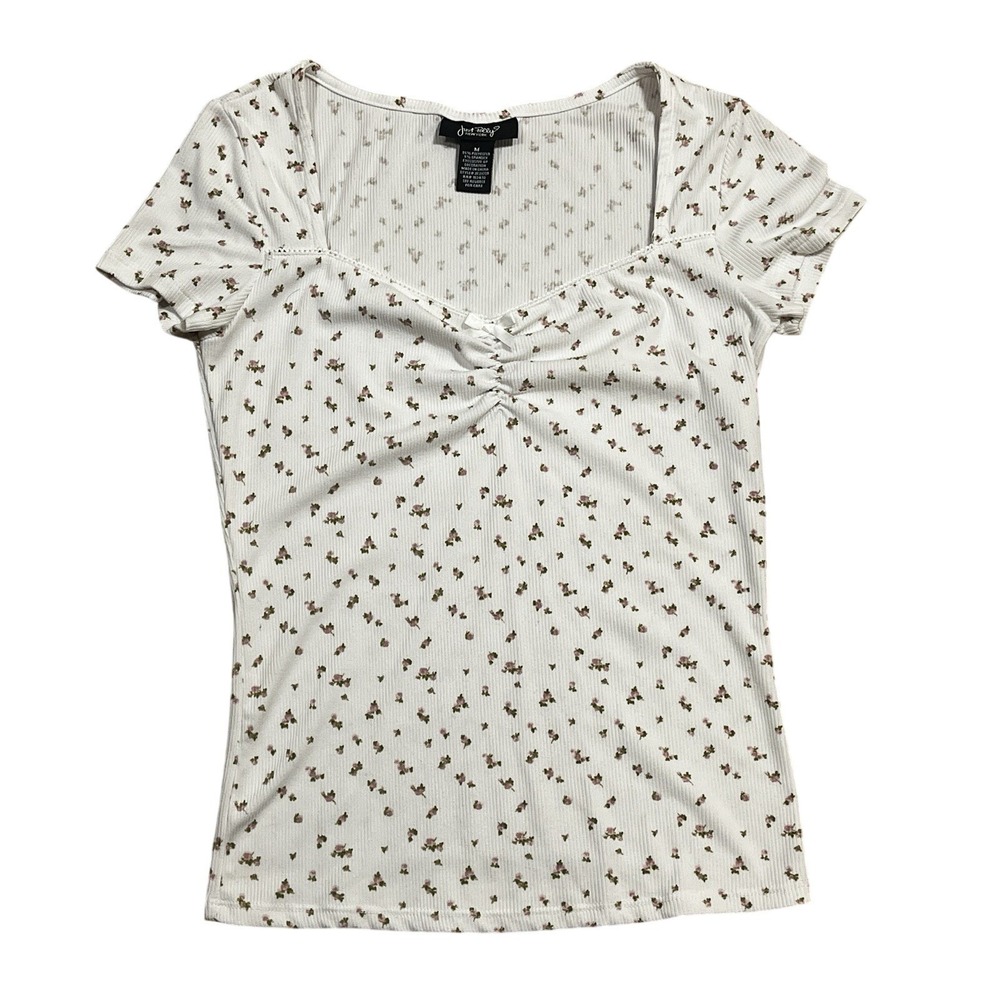 White Ditsy Floral Print Top Juniors M Sweetheart Neckline Ruching Dainty
